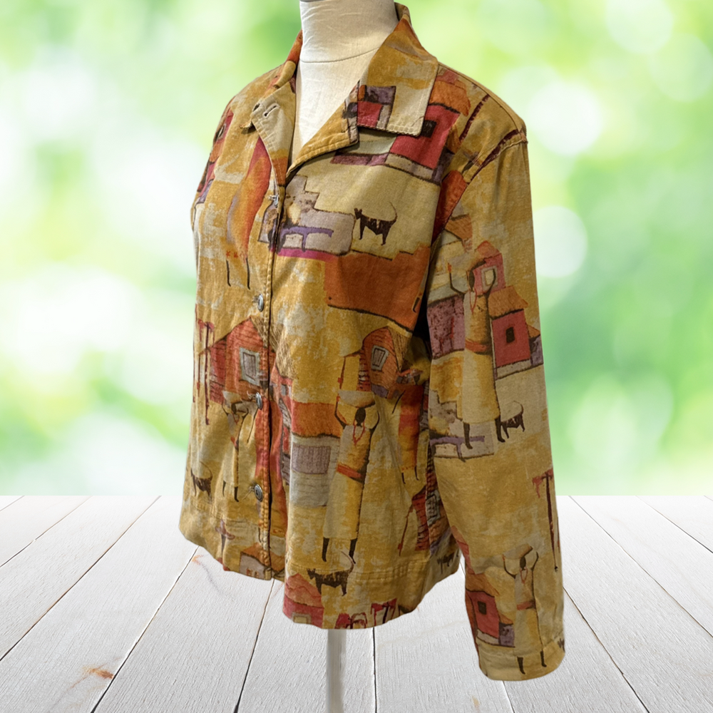 Vintage CHICOS DESIGN Shirt Jacket Corduroy Village Scene Boho 90s Size 2 (L)